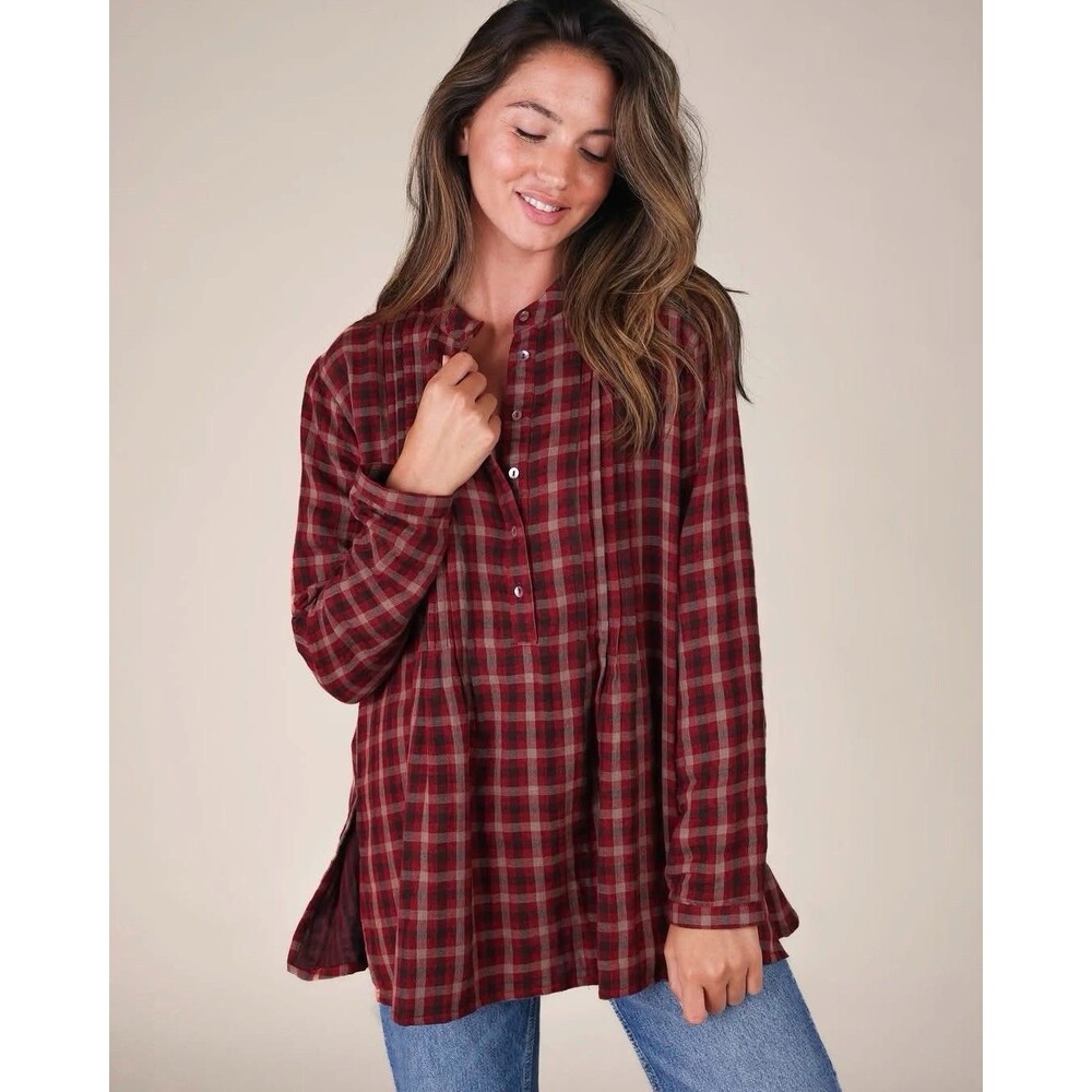 Natural Life Tunic Top Plaid Pintuck 100% Cotton Prairie Cabincore Oversized Lrg